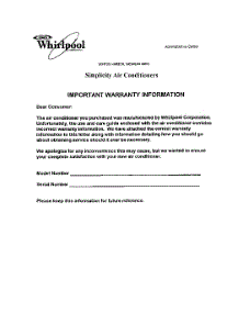 08 - Important Warranty Information parts for Whirlpool Air Conditioner BJSSAC1000 / from AppliancePartsPros.com