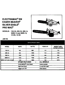 Specifications parts for Mcculloch Chainsaw ELECTROMAC EM from AppliancePartsPros.com