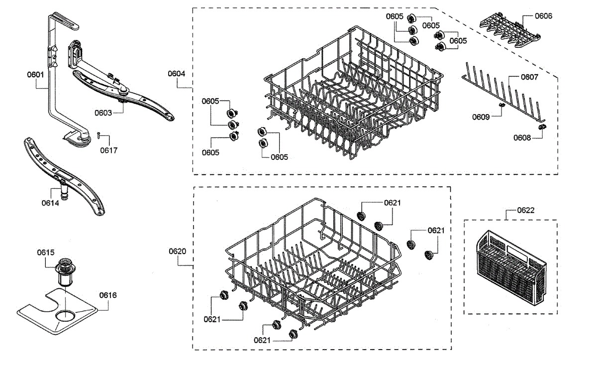 Parts for Bosch SHE43RF6UC/64: Spray Arms / Racks Parts