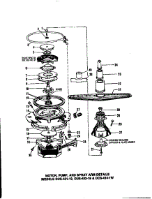 Motor, Pump, And Spray Arm Details parts for Caloric Dishwasher DUS-401-1W from AppliancePartsPros.com