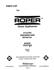 Front Cover parts for Roper Electric Range F9257*0 from AppliancePartsPros.com