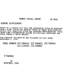 Product Recall parts for Kenmore Refrigerator 253.7684600 (2537684600, 253 7684600) from AppliancePartsPros.com